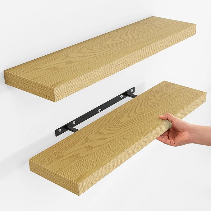 Fun Memories Rustic Wood Floating Shelves for Wall, Space-Saving Wall Mounted Shelves for Bathroom, Bedroom, Living Room and Kitchen, Stylish Storage & Display (Set of 2, Oak, 30 in)