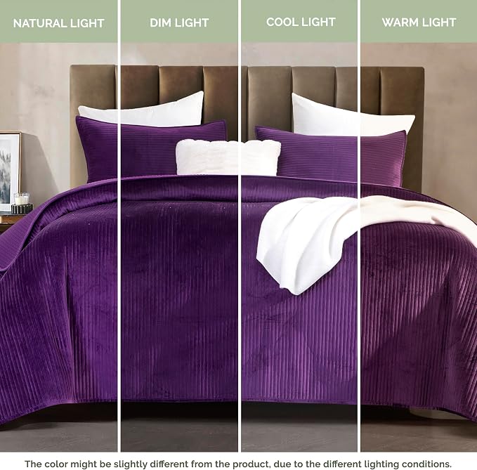 Elegant Comfort Luxury 3-Piece Velvet Corduroy Stripe Quilt Set, Ultra Soft Bedspread - Cozy Velvet Coverlet Set - 3PC Medium Weight Quilted Set with Matching Pillow Shams, California King, Purple