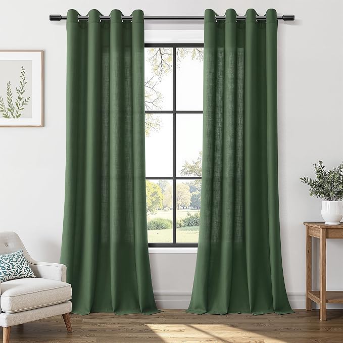 Nanspring Olive Green Linen Curtains 96 Inches Long for Living Room 2 Panel Set Grommet Design Light Filtering Semi Sheer Curtain Drapes Farmhouse Rustic Home Decor for Bedroom Dining Room 52x96