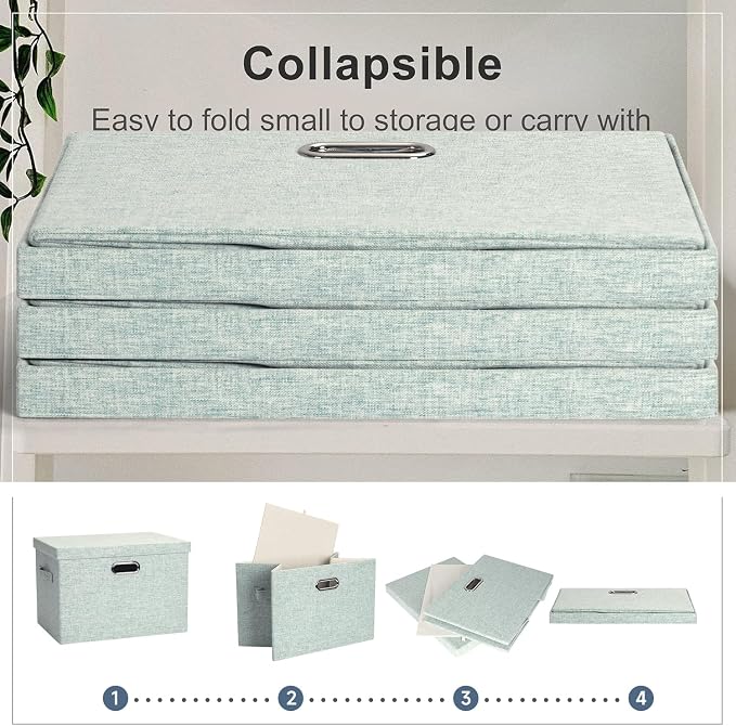 Graciadeco Large 17" 36 Quart Collapsible Stackable Storage Bins with Lids, 3 Packs Light Green Linen Fabric Closet Boxes, Storage Cube Baskets Container Organizers for Office (16.5x12.2x11.2)