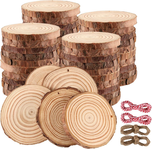 JOIKIT 50PCS 3.5-4 Inches Natural Wood Slices with Pre-drilled Hole, 2/5" Thick Round Ornaments Unfinished Wood Circles Bulk with Bark for Craft Arts, Christmas, DIY Painting, Wedding Decorations