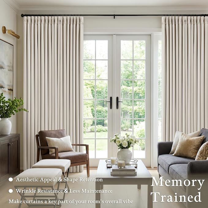 60 Inch Extra Wide 100% Blackout Curtains 84 Inches Long 1 Panel for Bedroom, Natural Memory Trained Pleated Thick Linen Thermal Noise Reducing Neutral Windows Curtain Light Blocking Drapes 60x84