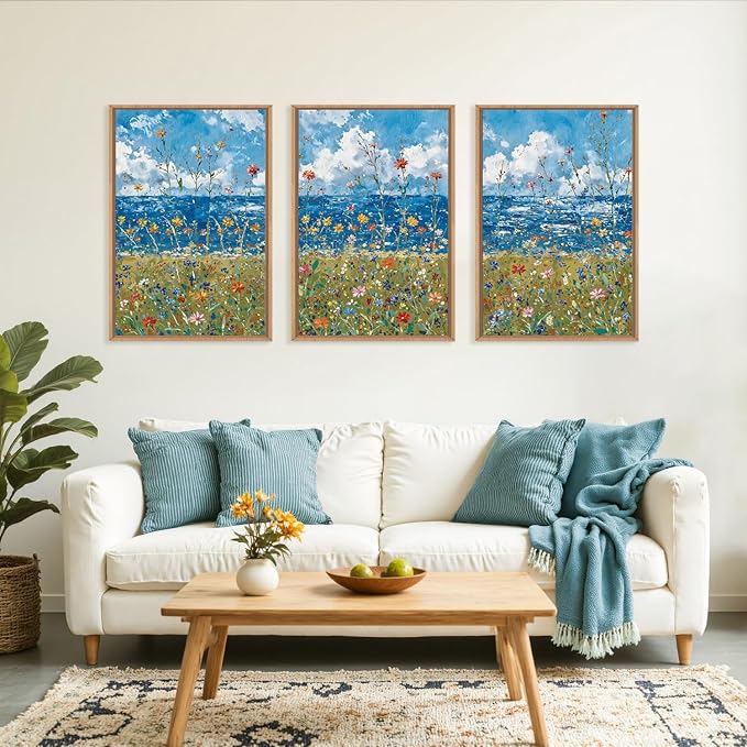 Large Blue Seaside Wildflower Framed Canvas Wall Art,Modern Nature Ocean Wall Decor,Rustic Sky Printing,White Cloud Landscape Artwork for Living Room,Bedroom,Dining Room-16"x24"x3