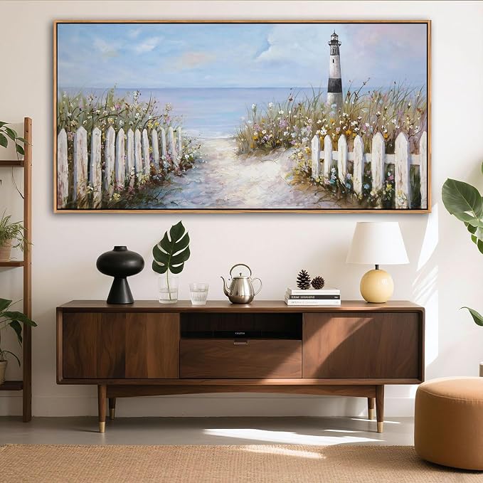 Ocean Wall Art for Living Room - Coastal Canvas Artwork for Walls, Vintage Landscape with Lighthouse, Farmhouse Beach Pictures, Framed Bedroom Wall Decor 20×40IN