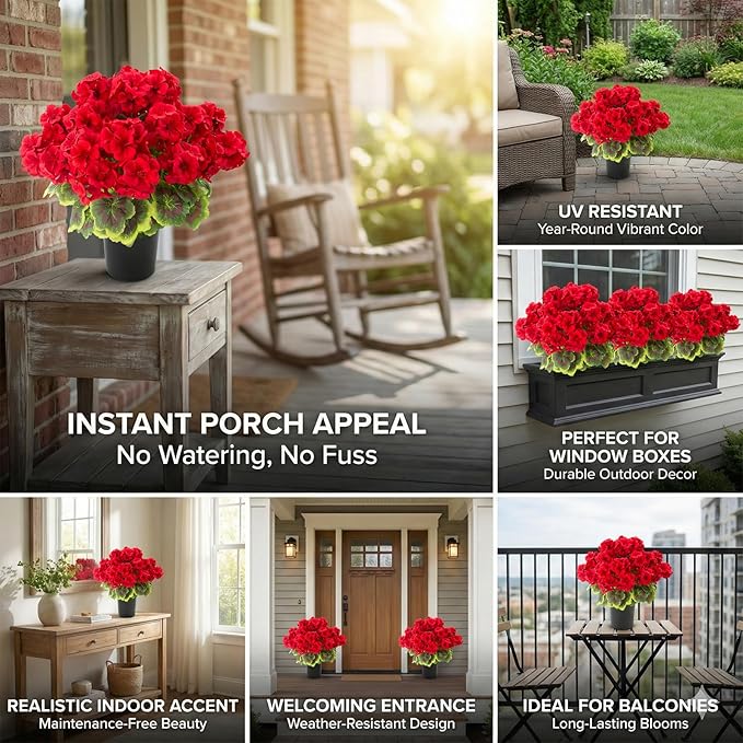lovemoon 2 Pcs Geranium Potted Artificial Flowers, 19" Fake Geraniums Plants UV Resistant Silk Potted Plants for Outdoor Home Décor Office Porch Garden Decor (2, Red)
