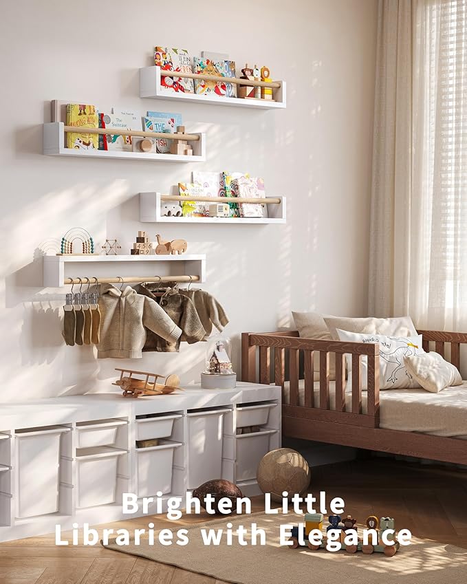 Seocry Nursery Book Shelves, 4 Pack, Wall Book Shelves for Kids Room, Baby, Toddler, Nursery Decor (White Wood, 23.1 Inches)