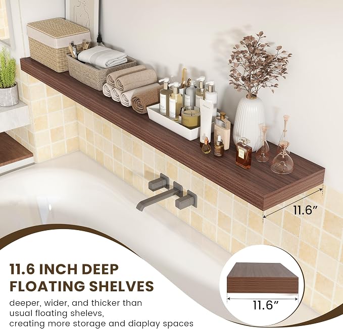 FLYJOE 72 Inch Floating Shelf, 12'' Deep Walnut Shelf for Wall Set of 1 | 72'' x 12'' Rustic Wood Shelves for Farmhouse Living Room Bathroom Kitchen Laundry Room