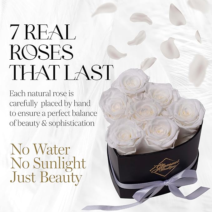 GLAMOUR BOUTIQUE 7 Flower Forever Heart Shape Box, Eternal Preserved Roses Gift for Her, Lasting Flowers, Petite Floral Heart Box for Birthday, Anniversary or Valentine’s Day, White (Color-Treated)