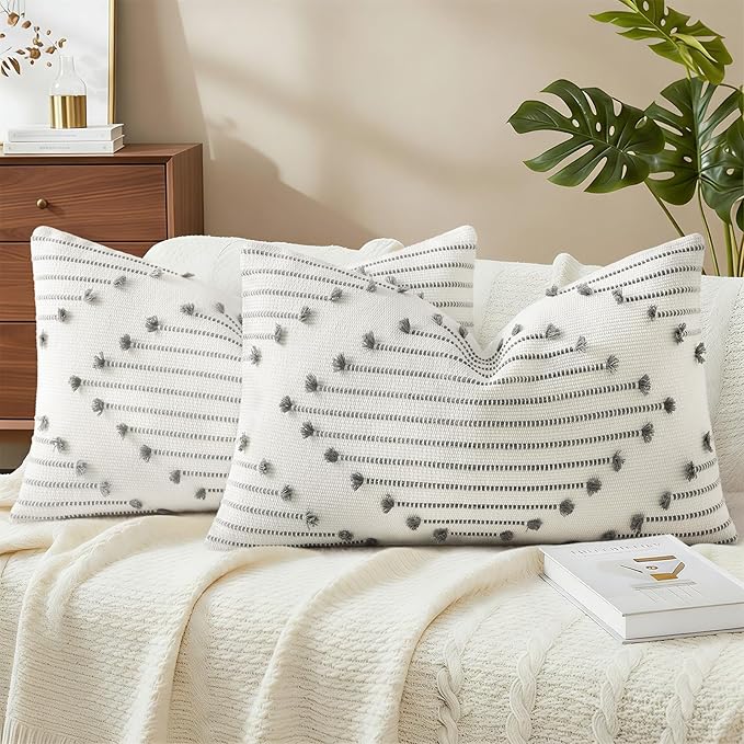 Mecatny Boho Outdoor Throw Pillow Covers 12X20 Set of 2, Farmhouse Lumbar Pillow Covers for Couch Sofa Living Room, Grey & Cream White