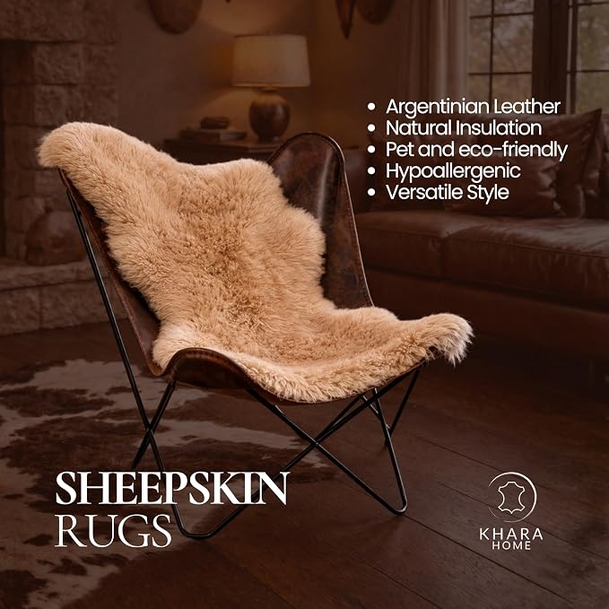 Genuine Sheepskin Rug 2x3 Ft – Soft & Fluffy Single Pelt Light Beige Lambskin – Area Rug or Chair Cover Throw – Made in Argentina