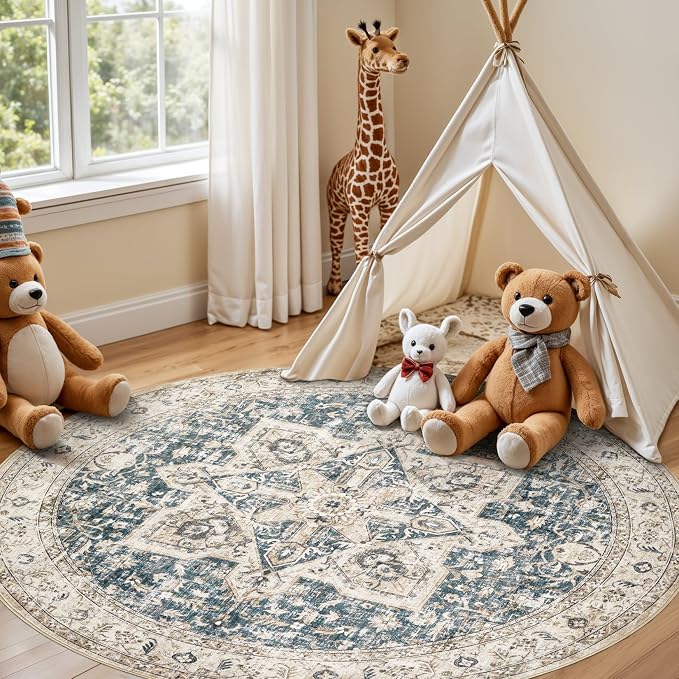 Tortania 6' Round Area Rug Living Room Rugs - Washable Boho Rug Vintage Oriental Distressed Farmhouse Large Thin Indoor Carpet for Bedroom Under Dining Table Home Office - Cream/Blue