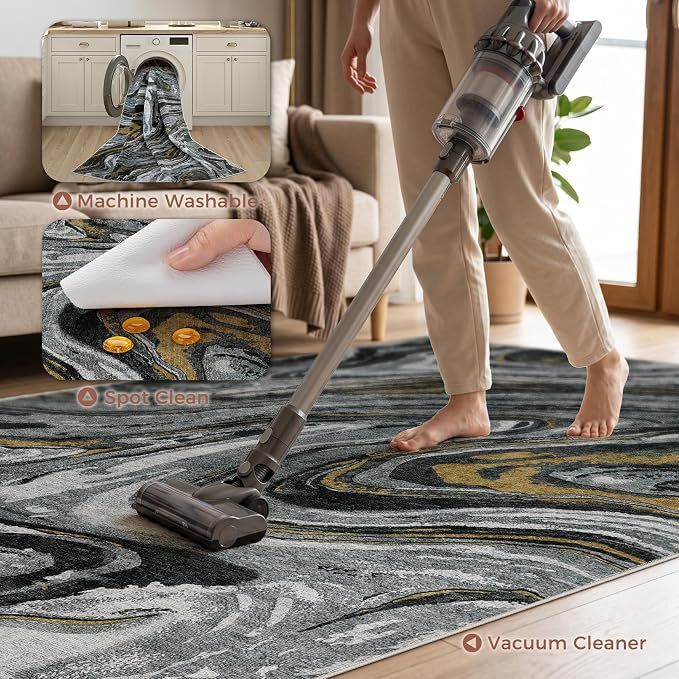 DMOYEST 7x9 Area Rug for Living Room - Washable Neutral Modern Abstract Rugs Soft Non-Slip Carpet Low Pile Indoor Floor Mat for Bedroom & Dining Room Decor for Families with Kids and Pet-Black Golden