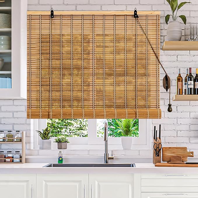 72x48 Inch Bamboo Blinds for Interior Windows, Easy to Install Bamboo Shades for Indoor Windows, Light-Filtering & Privacy Protection Roll Up Shades for Indoor Outdoor Patio, Carbonized
