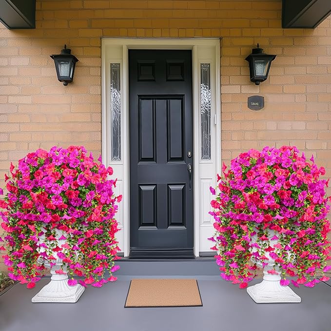 Dolicer 8 Packs Look Real Artificial Flowers for Outdoors, Fake Artificial Hanging Flowers for Outdoors Realistic UV Resistant Faux Hanging Flowers Silk Petunia for Porch Patio (Fuchsia+Rose Red)