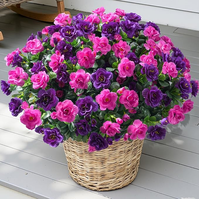 Artificial Faux Outdoor Flowers Plants for Spring Summer Decoration, Fake Silk Camellia UV Resistant Look Real for Planter Outside Front Door Porch Patio Balcony, 3 Large Bundles (Purple+Fuchsia)