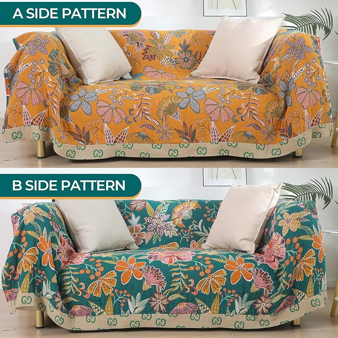 100% Cotton Boho Throw Blanket,4-Layer Gauze Woven Breathable Soft Muslin Blanket with Vintage Floral Design & Yellow/Green,Lightwight Breathable Decor Blanket, Perfect as Bed Sofa Quilt 60" x 80"