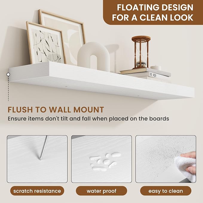 fuqing Floating Shelves for Wall, Wall Mounted Wood Floating Shelf with Invisible Brackets for Living Room, Bathroom, Bedroom, Kitchen Storage and Decor, 36 Inch Set of 2, White