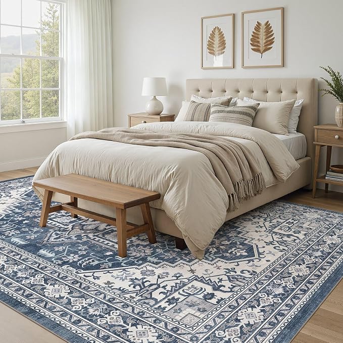 UERMEI 10x12 Area Rug for Living Room - Washable Vintage Carpet, Non-Slip Soft Large Indoor Floor Rugs for Bedroom Home Office & Under Dining Table Decor, Denim Blue/White