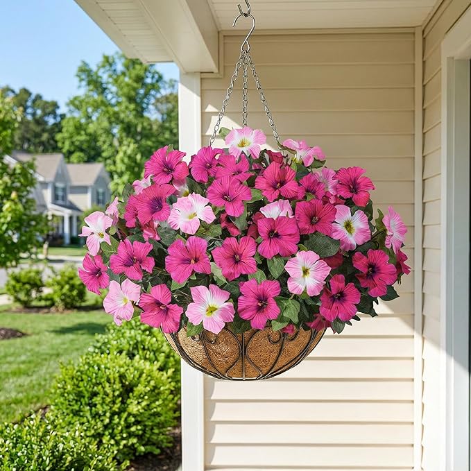 HyeFlora Artificial Flowers for Outdoors 4PCS Faux Petunias Silk Fake Flowers for Outside Planter UV Resistant Realistic Home Garden Porch Decor (Pink)