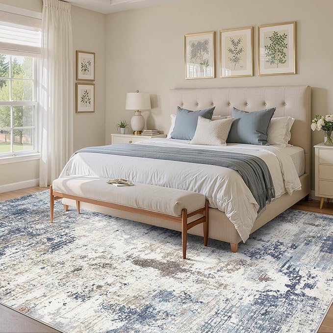 UERMEI 8x10 Area Rug Living Room Rugs - Washable Neutral Modern Abstract Soft Thin Large Rug Indoor Floor No Slip Rug Carpet for Bedroom Under Dining Table Home Office Decor - Denim Blue