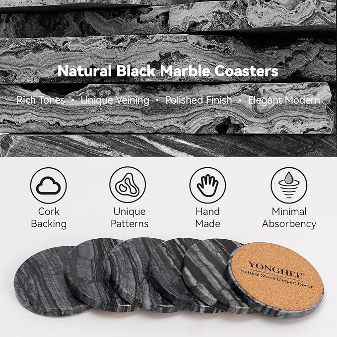 Black Marble Coasters Set of 6, Elegant Black & Dark Gray Coasters for Coffee Table, 4" Round Polished Black Stone Coaster with Unique Veins – Heat Resistant, Non-Slip, Housewarming Gift