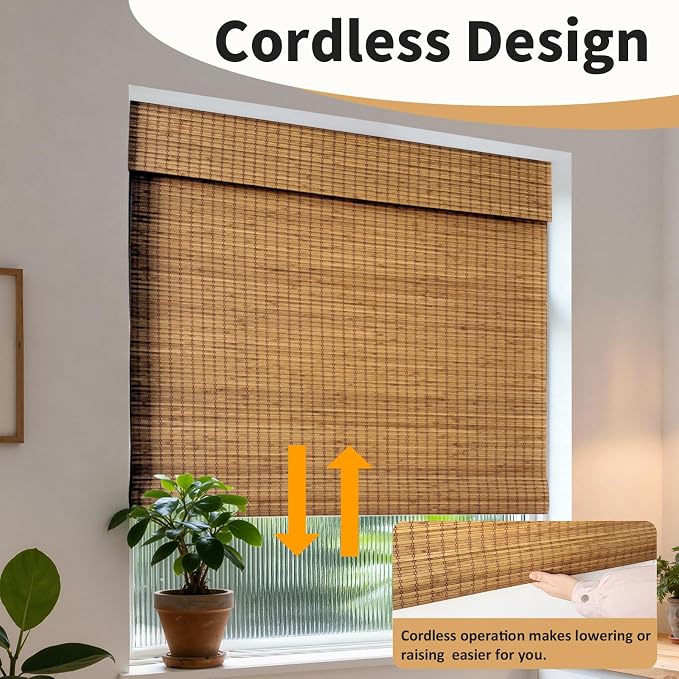 Cordless Bamboo Roman Shades 23x64in, Light Filtering Bamboo Blinds for Indoor Windows, Office, Bathroom and Living Room, Privacy Teak.