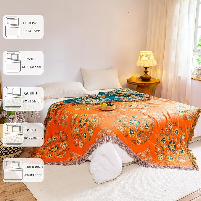 King Throw Blanket for Bed Couch,100% Organic Cotton Reversible Soft Quilt, Orange Floral Breathable Lightweight Muslin Blankets,90"×108" Extra Large Sofa Throws for 3 4 Seater with Tassels,Orange