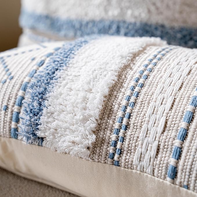 BlissBlush 18X18 Throw Pillow Cover, Coastal Blue Square Decorative Cushion Cover, Boho Accent Pillowcase with Tassels for Couch Sofa Living Room (Cover Only)