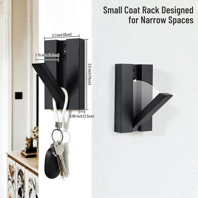Folding Wall Hooks 2Pack: Black Modern Wooden Coat Hooks Mount for Heavy Duty Hanging Towels Backpack Bags Hats, Space Saving Minimalist Decorative Entryway Hanger for Aesthetic Homeowner