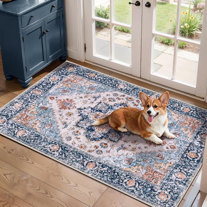 SERISSA 2x4 Boho Rugs for Entryway, Washable Non-Slip Kitchen Runner Rug, Ultra Soft Small Area Rug Vintage Blue Orange Low-Pile Door Mat Indoor Entrance Carpet for Bedroom Hallway Laundry Room