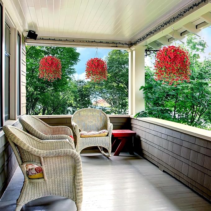 INXUGAO Artificial Hanging Flowers Plants with Basket for Outdoors, Realistic Faux Silk Daisy Flower Eucalyptus for Spring Decor, UV Resistant Fake Plants for Porch Patio Yard Balcony (Red)
