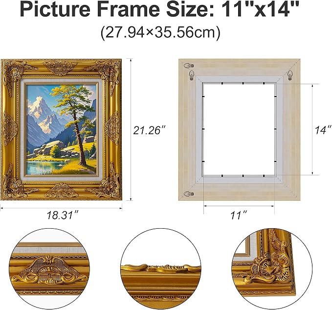 Classic 11x 14 inch Picture Frames: Ornate Gold 11x 14 Poster Frames for Canvas Photo Painting, Artwork, Wooden Antique Gallery Wall Frames without Acrylic Glass and Backing
