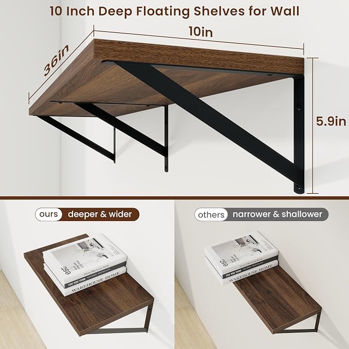 Axeman Deep Floating Shelves | 36 Inch Walnut Wall Shelves Set of 2 | 10 Inch Deep Wood Floating Shelves for Wall | 36" W x 10" D Walnut Shelves for Living Room Bathroom Kitchen