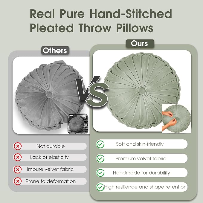 ROSE&RISY Round Pleated Velvet Throw Pillow, 1 Pack Decorative Accent Pumpkin Pillow Cushion for Couch Sofa Bed, Soft Plush Retro Vanity Throw Pillow for Home Decor, 14.5 Inch, Sage Green