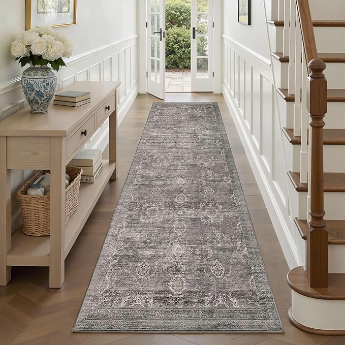 Rugxara 2'6''x8' Runner Rug, Washable Kitchen Rugs, Grey Boho Vintage Floral Hallway Runner, Non Slip Low Pile Area Rug Carpet for Hallway, Kitchen, Laundry Room and Bathroom(Grey/Taupe 2.6x8ft)