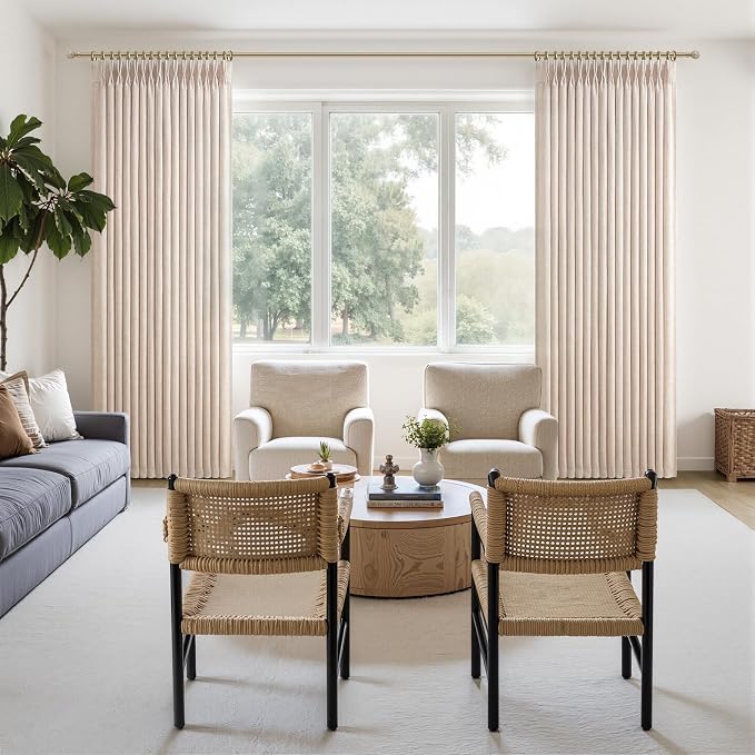 Extra Long 108 Inch Natural Linen Blend Living Room Large Curtains 4 Panels Set, Memory Shape Pinch Pleated Semi Sheer Light Filtering Privacy Luxury Curtain Sliding Door High Ceiling Windows Drapes