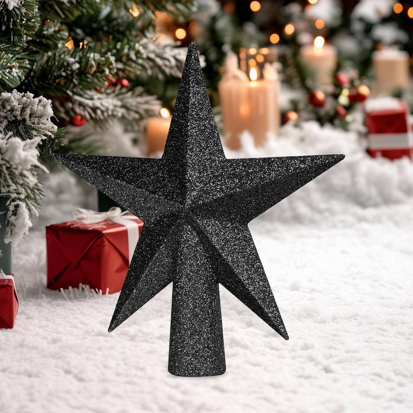Tree Topper Star, 6" Black Christmas Tree Topper Accessories, Xmas Glitter 3D Bethlehem Star Tree Topper Ornament, Waterproof Holiday Christmas Tree Topper Decor for Home Indoor Outdoor