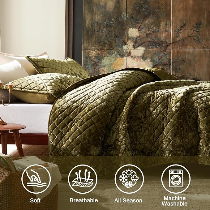 Cosybay Luxury Velvet Quilt Set King, Lightweight Oversized Bedspread Coverlet Quilted Box Stitch Bedding Set, with 2 Matching Pillow Shams, for All Season, Olive Green