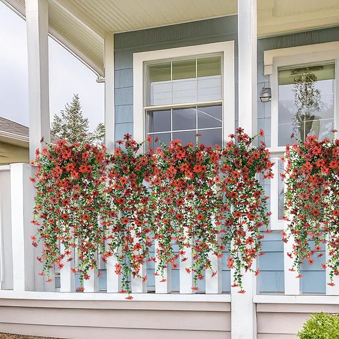 Artificial Fake Hanging Flowers Plants for Outdoor Spring Summer Decoration,2 PCS Faux Silk Daisy with Eucalyptus Leaves,UV Resistant Look Real for Outside Home Planter Porch Patio Balcony Yard Decor