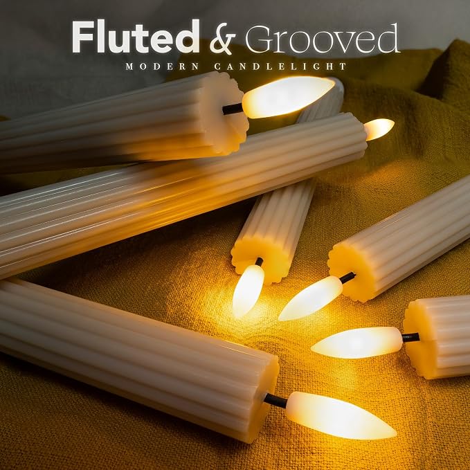 12 Pack, 10" LED Flameless Real Wax Cream Beige Fluted Ribbed Grooved Taper Candles, Remote & 24h Timer Memory, On/Off Button, Dimmable, Flicker Mode, Battery Operated, Wedding