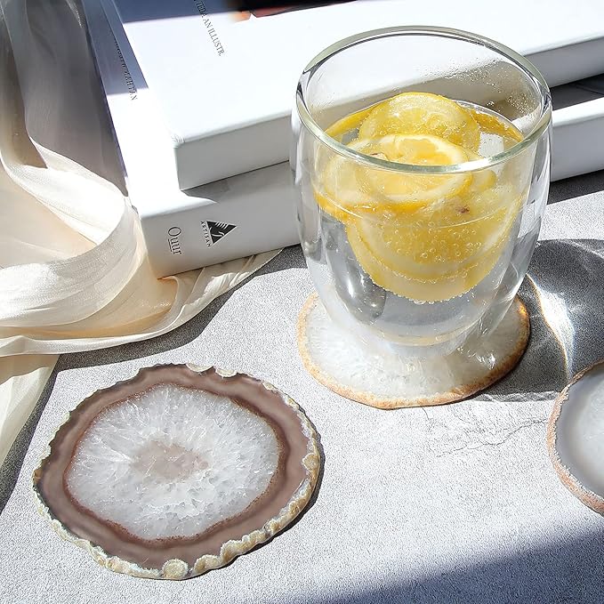 Natural Geode Agate Coaster for Drinks Set of 4 | Natural Stone Coasters 3.5-4", Decorative Gemstone Coasters for Coffee Table, Bar or Desk, Housewarming Gift for Friends