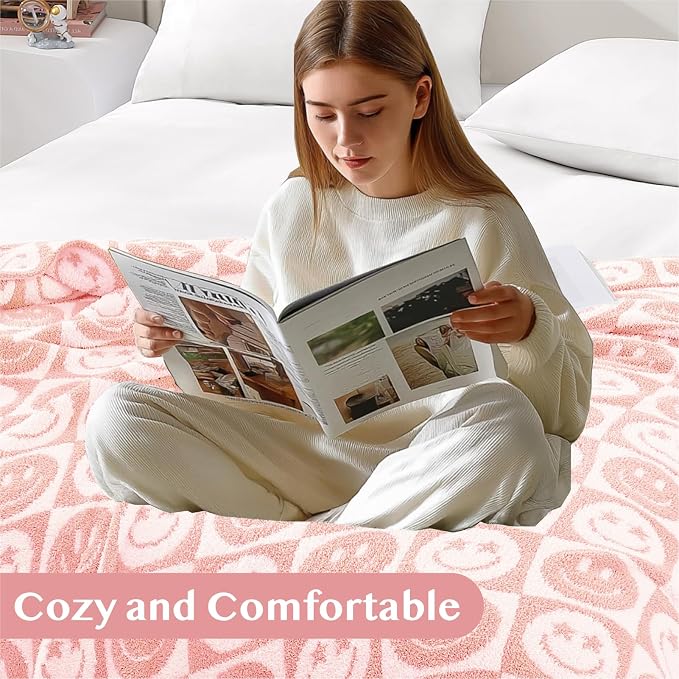 WRENSONGE Soft Checkered Throw Blanket for Couch-Cozy Warm Knitted Blankets | Lightweight Warm Fluffy Decor for Women, Mom, Her & Girls, Sofa, Chair, Bed, 50x60in,Blossom Smiling Face
