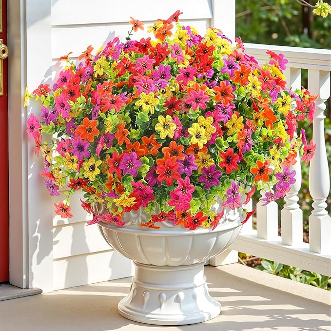 SHareconn 24 Bundles Artificial Flowers for Outdoors Spring Decoration, Fake Silk Realistic Faux Plants UV Resistant for Outside Planter Porch Patio Summer Indoor Decor, RedRosePurpleYellowOrange