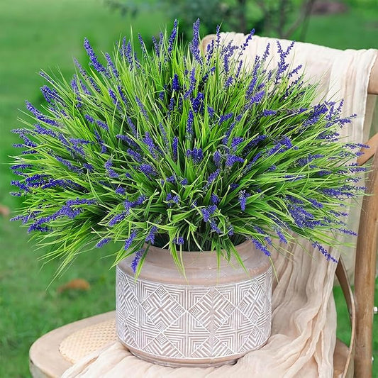Artificial Fake Outdoor Plants Flowers for Decoration,10 Bundles 16.5" UV Resistant Plastic Tall Realistic Faux Monkey Grass Greenery Stems for Home Outside Planter Window Porch Patio Garden-Purple