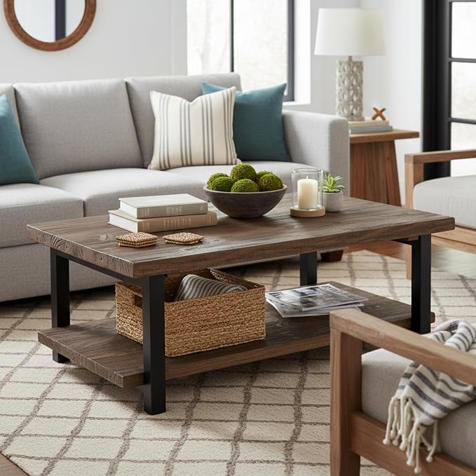 Alaterre Furniture Pomona Solid Wood Coffee Table, Rustic Brown, 48” | Large Rectangular Center Table with Storage Shelf and Metal Legs, Rustic Industrial Farmhouse Living Room Table