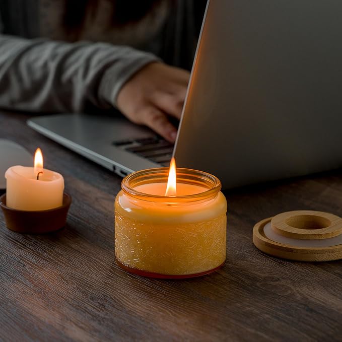 4 oz Orange Mandala Glass Candle Jars with Bamboo Lids, 18 Pack | Patented Embossed Design, Includes Wick Centering Devices & Warning Labels, Multiple Color Options