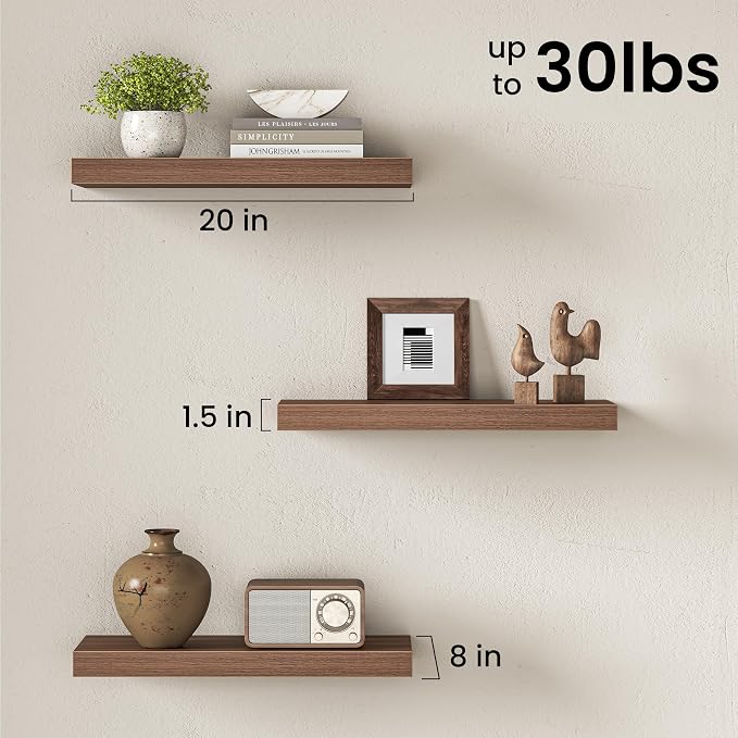 20" Floating Shelves for Wall, Set of 3, 8" Deep, 1.5" Thick, Walnut Finish | Rustic Wood Wall Shelves with Invisible Brackets, Storage and Display for Bathroom, Bedroom, Living Room or Kitchen
