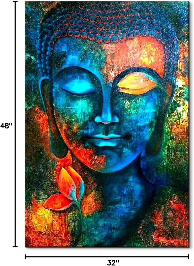 Blue Buddha Wall Decor Colorful Abstract Buddha Head Wall Art Zen Posters Modern Home Decor Living Room Study Bedroom Canvas Prints Painting Lotus Murals Hang Pictures Decoration 36x48 Inch