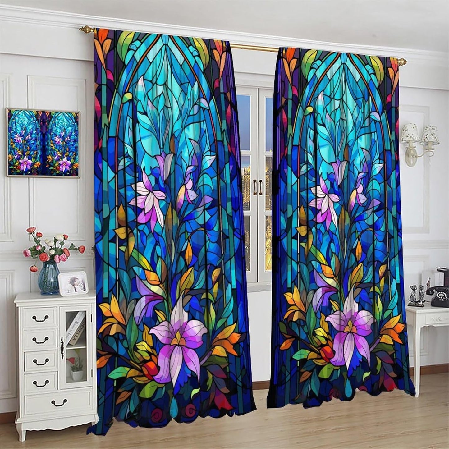 Stained Glass Curtains,Abstract Colorful Floral Geometric Art Home Decor Drapes for Bedroom Living Room Kitchen Window Treatment 2 Panels Set Total Size 63" W X 63" L Inch