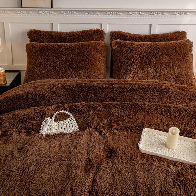 chovy Faux Fur Plush Coffee Comforter Sets King - Ultra Soft Shaggy Flannel Velvet Fluffy Fuzzy 3PC Bedding Set （Comforter x 1 Pillowcases x 2）